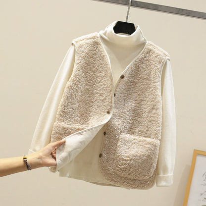 Plush Teddy Vest with Button Front and Patch Pockets for Women