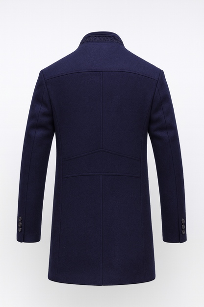 Stand Collar Overcoat with Layered Scarf Insert and Buttons for Men