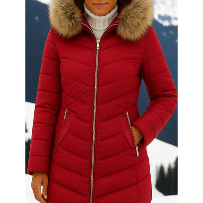 Cozy Long Puffer Coat with Fur Hood and Pockets for Women
