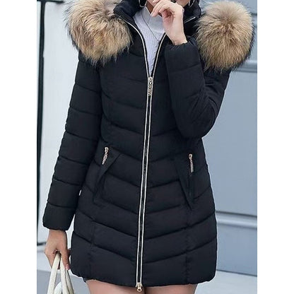Cozy Long Puffer Coat with Fur Hood and Pockets for Women