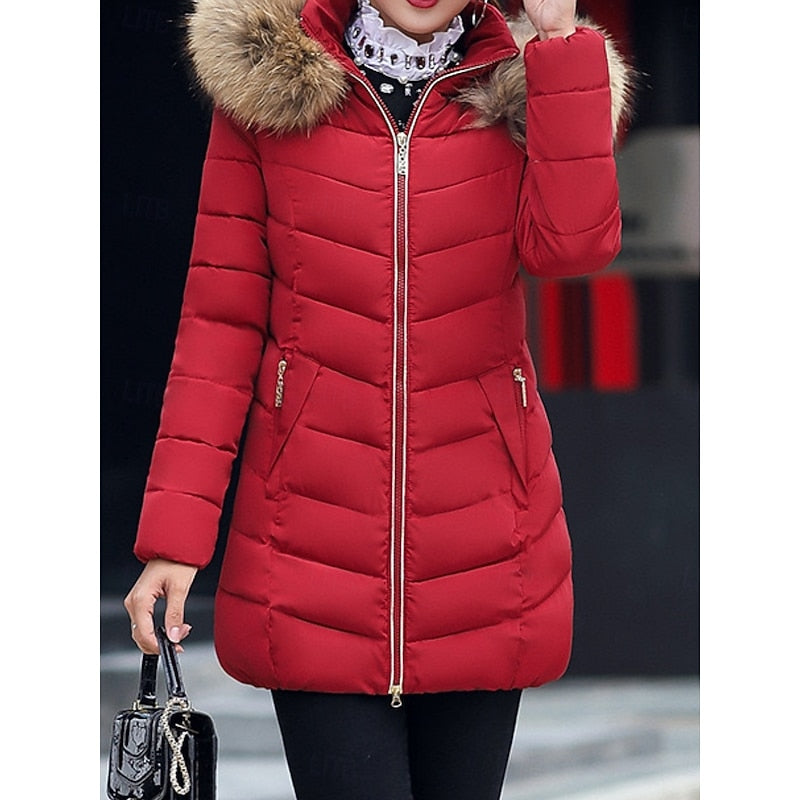 Cozy Long Puffer Coat with Fur Hood and Pockets for Women