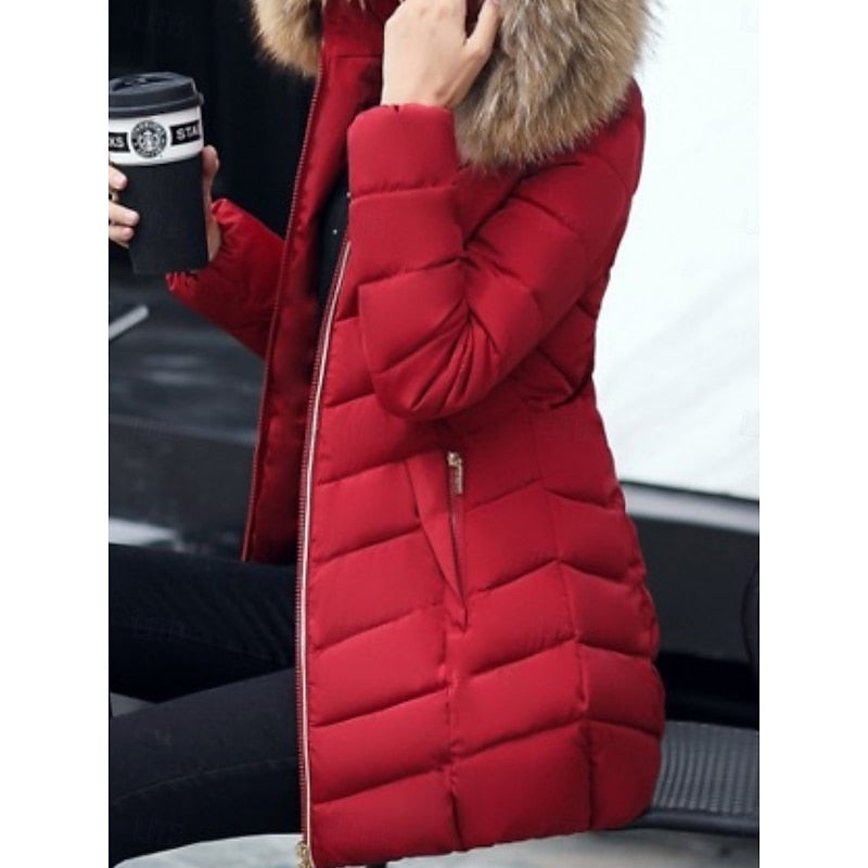 Cozy Long Puffer Coat with Fur Hood and Pockets for Women