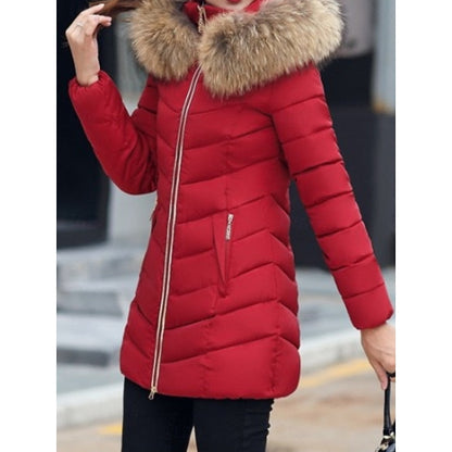 Cozy Long Puffer Coat with Fur Hood and Pockets for Women