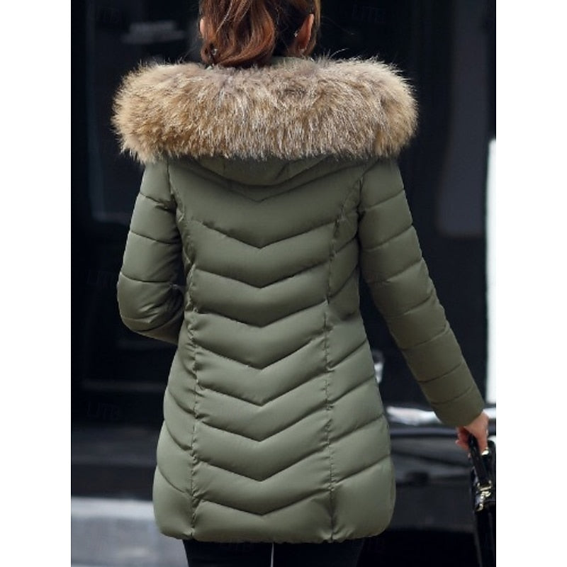 Cozy Long Puffer Coat with Fur Hood and Pockets for Women