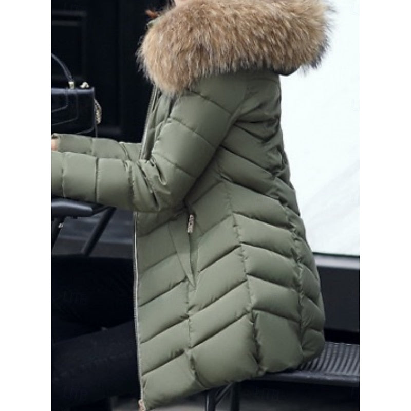 Cozy Long Puffer Coat with Fur Hood and Pockets for Women