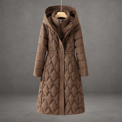 Long Puffer Coat with Hood and Pockets for Women