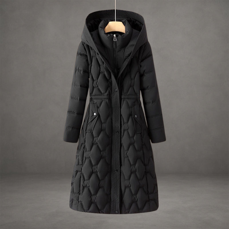 Long Puffer Coat with Hood and Pockets for Women