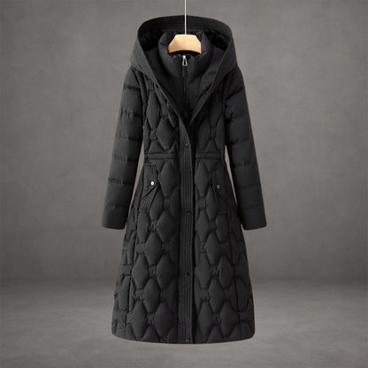 Long Puffer Coat with Hood and Pockets for Women