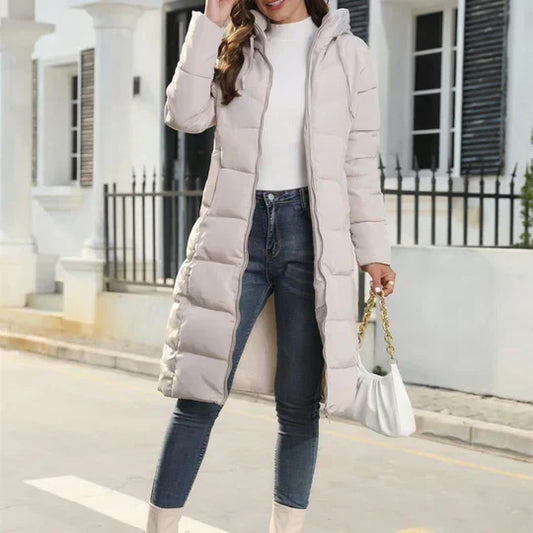 Long Puffer Coat with Hood and Pockets for Women
