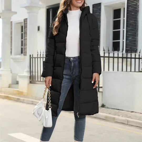 Long Puffer Coat with Hood and Pockets for Women