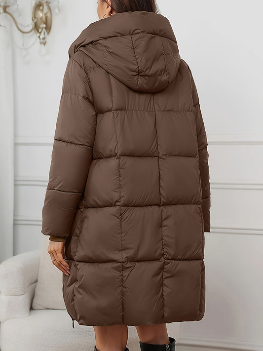 Stylish Long Puffer Coat with Faux Fur Hood for Women