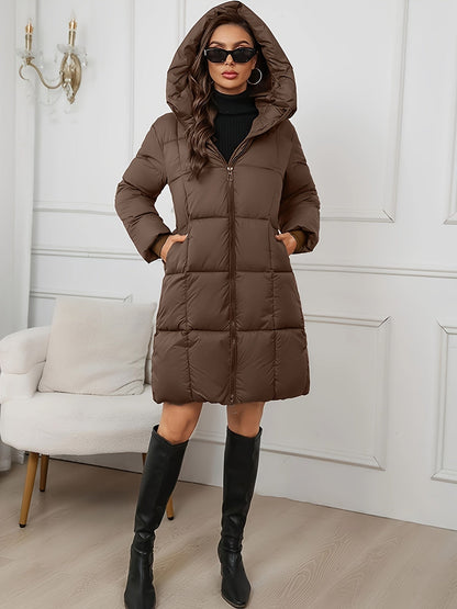 Stylish Long Puffer Coat with Faux Fur Hood for Women