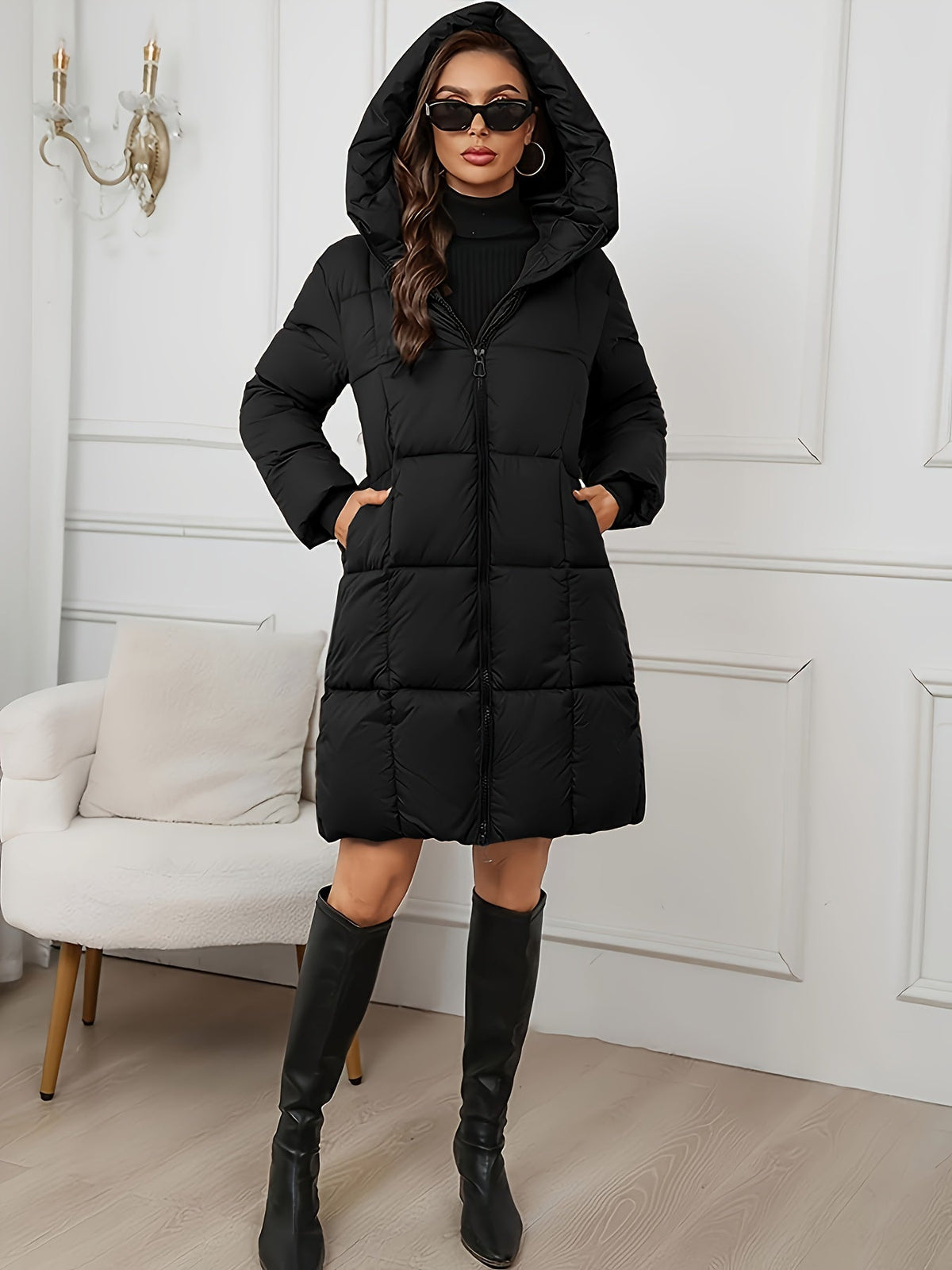 Stylish Long Puffer Coat with Faux Fur Hood for Women