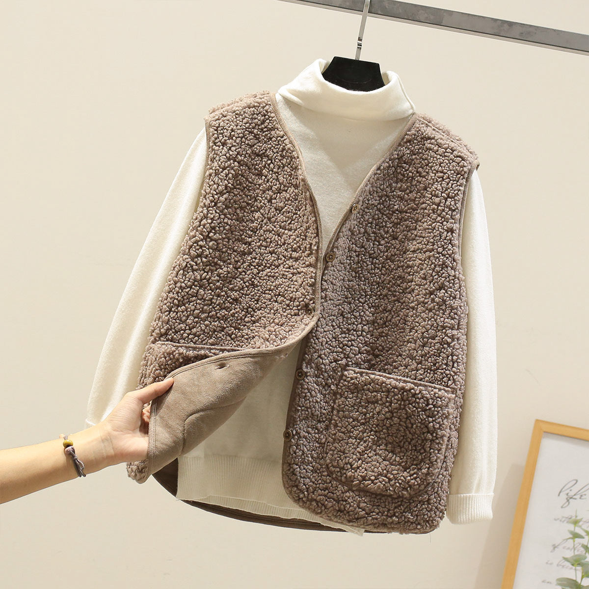 Plush Teddy Vest with Button Front and Patch Pockets for Women