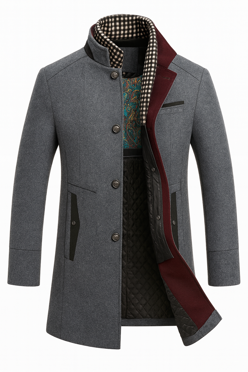 Stand Collar Overcoat with Layered Scarf Insert and Buttons for Men