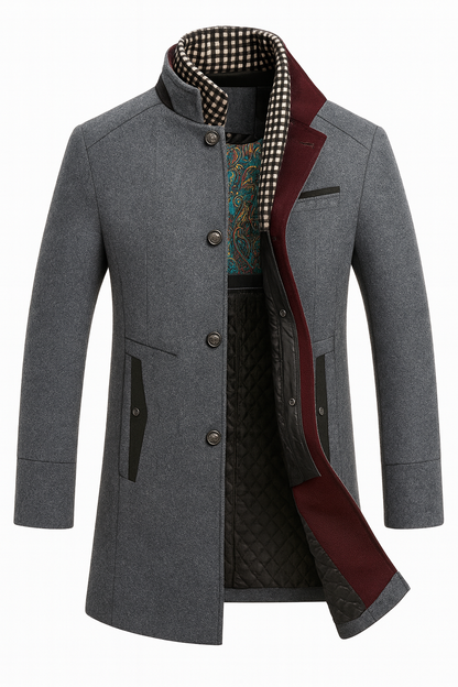 Stand Collar Overcoat with Layered Scarf Insert and Buttons for Men