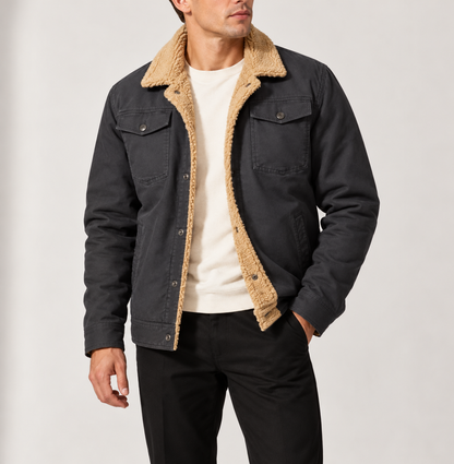 Plush Lined Trucker Jacket with Chest Pockets and Button Front for Men