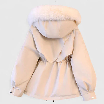 Short Parka Jacket with Plush Trim Hood and Drawstring Waist for Women