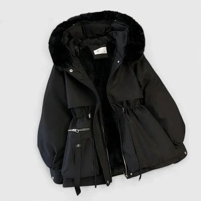 Short Parka Jacket with Plush Trim Hood and Drawstring Waist for Women