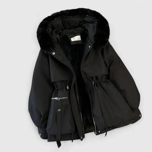 Short Parka Jacket with Plush Trim Hood and Drawstring Waist for Women