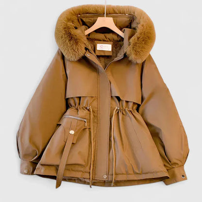 Short Parka Jacket with Plush Trim Hood and Drawstring Waist for Women