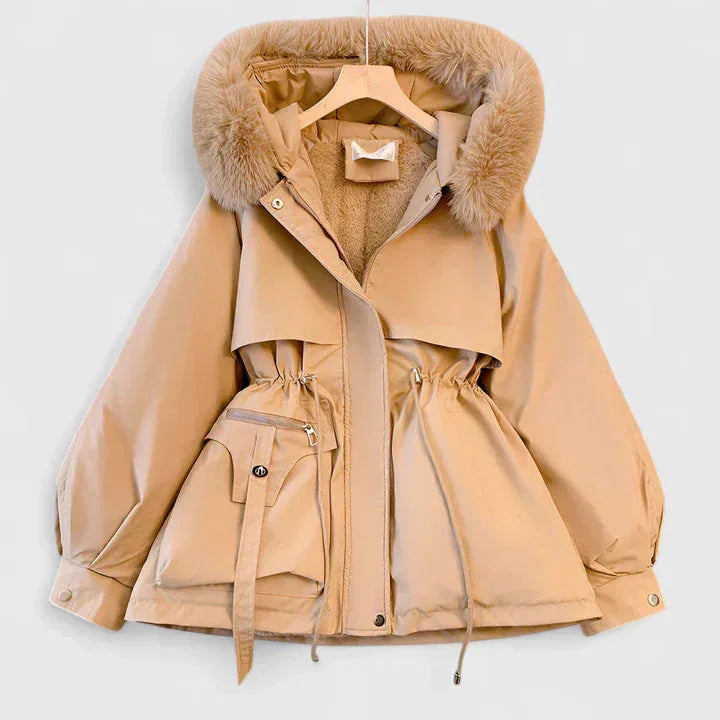 Short Parka Jacket with Plush Trim Hood and Drawstring Waist for Women