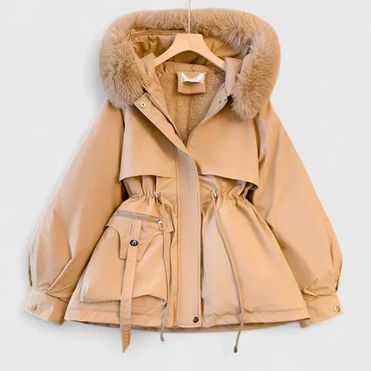 Short Parka Jacket with Plush Trim Hood and Drawstring Waist for Women