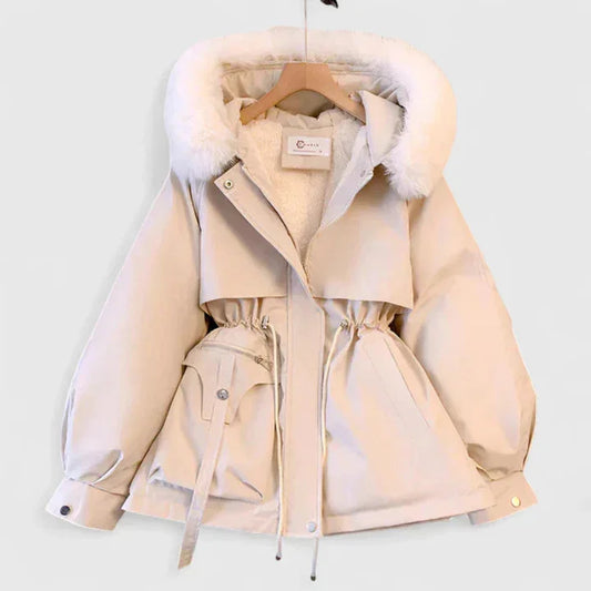Short Parka Jacket with Plush Trim Hood and Drawstring Waist for Women