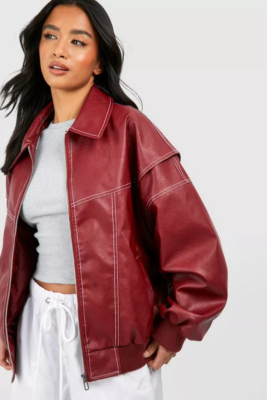 Veste oversize rouge élégante en cuir premium