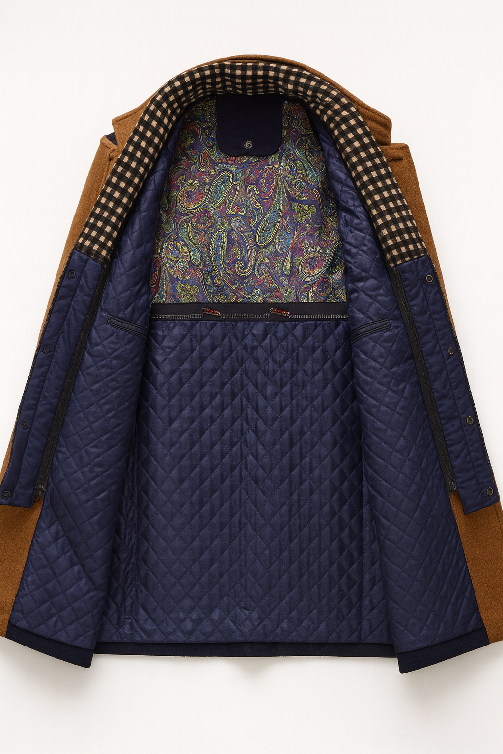 Stand Collar Overcoat with Layered Scarf Insert and Buttons for Men