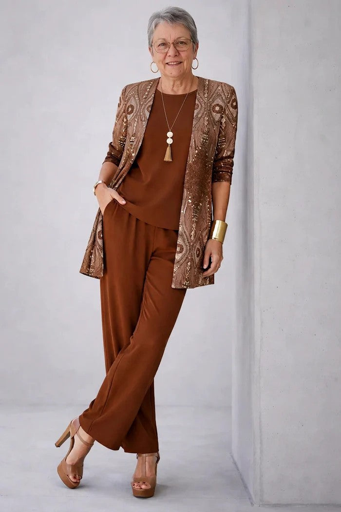 Three Piece Set with Printed Long Jacket and Straight Pants for Women