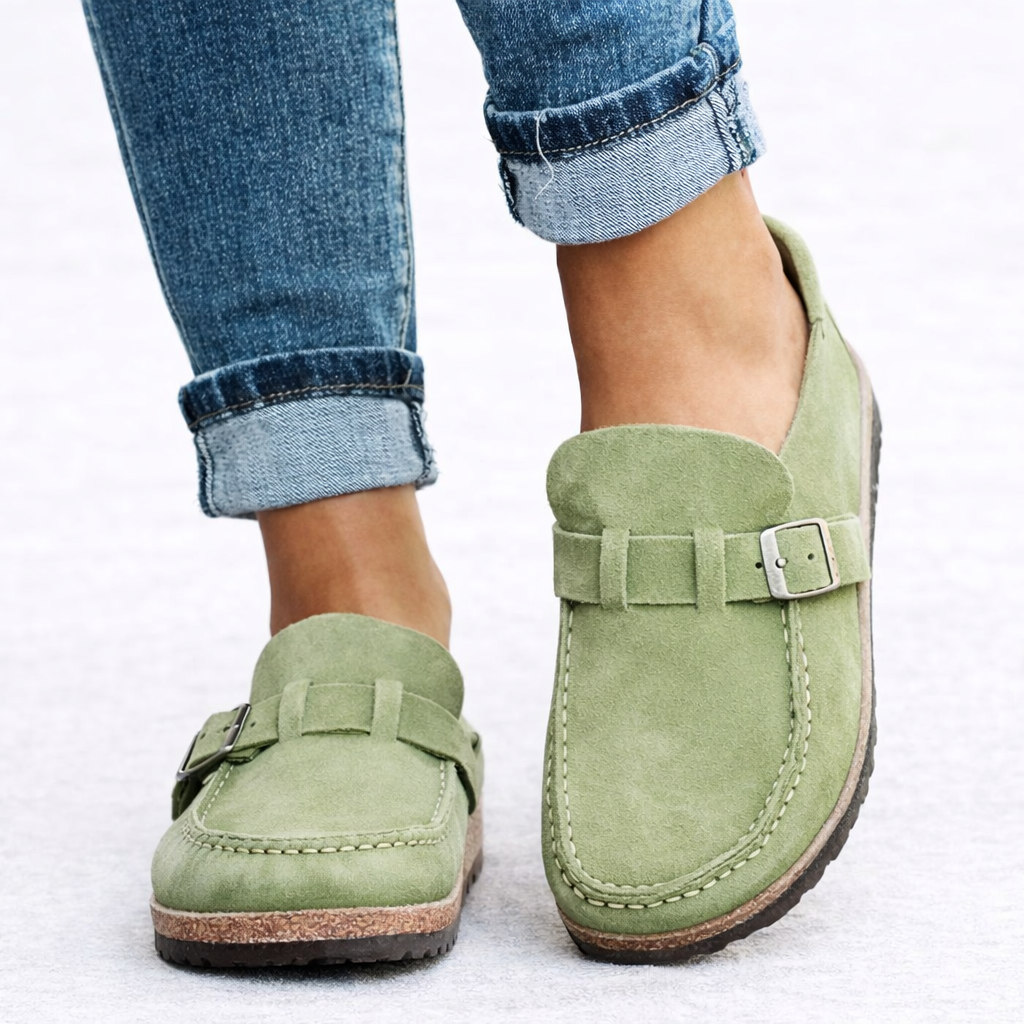 Closed Toe Clogs with Buckle Strap and Contoured Footbed for Women