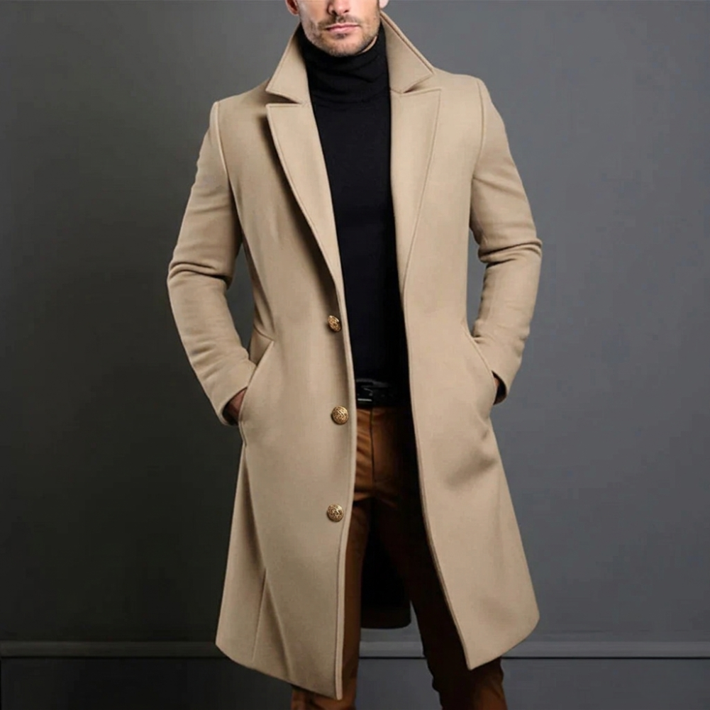 Longline Overcoat with Notch Lapels and Single Breasted Front for Men