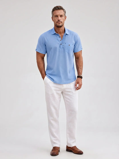 Short Sleeve Polo Shirt with Button Placket and Chest Pocket for Men