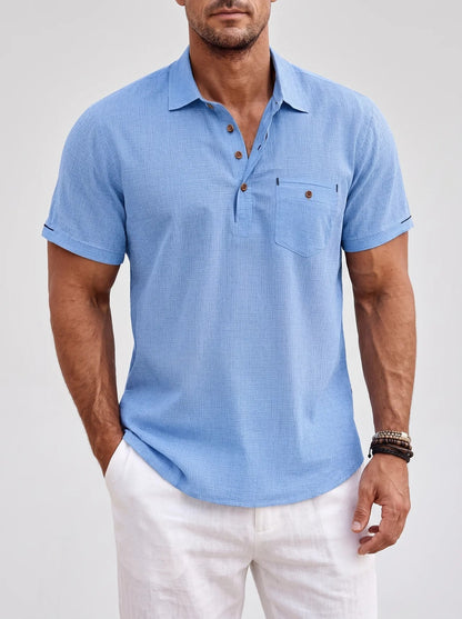 Short Sleeve Polo Shirt with Button Placket and Chest Pocket for Men