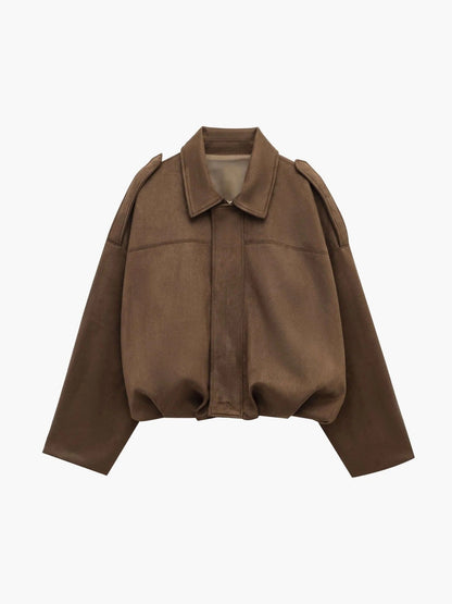 Cropped Bomber Jacket with Pointed Collar and Gathered Hem for Women