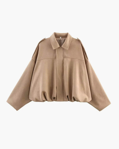 Cropped Bomber Jacket with Pointed Collar and Gathered Hem for Women