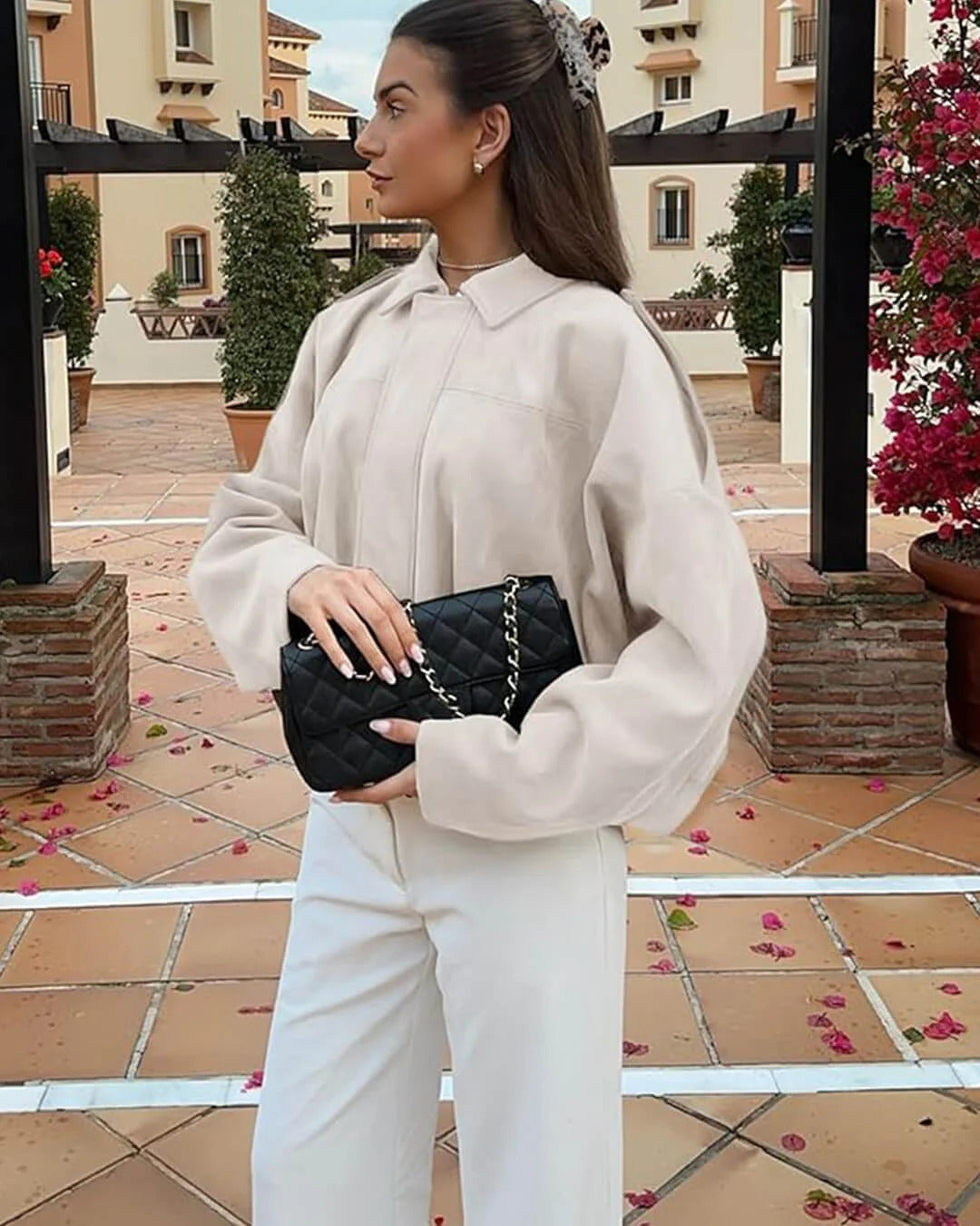 Cropped Bomber Jacket with Pointed Collar and Gathered Hem for Women