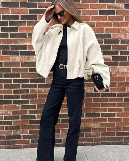 Cropped Bomber Jacket with Pointed Collar and Gathered Hem for Women