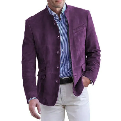 Band Collar Blazer with Five Button Front and Flap Pockets for Men