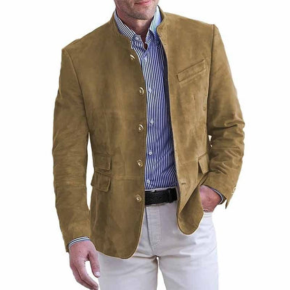 Band Collar Blazer with Five Button Front and Flap Pockets for Men