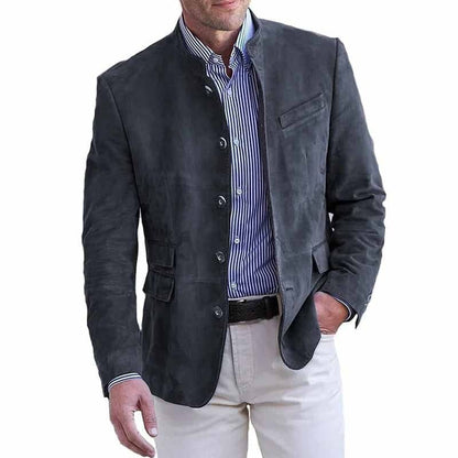 Band Collar Blazer with Five Button Front and Flap Pockets for Men
