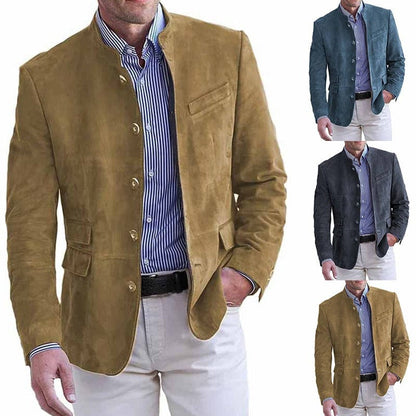 Band Collar Blazer with Five Button Front and Flap Pockets for Men