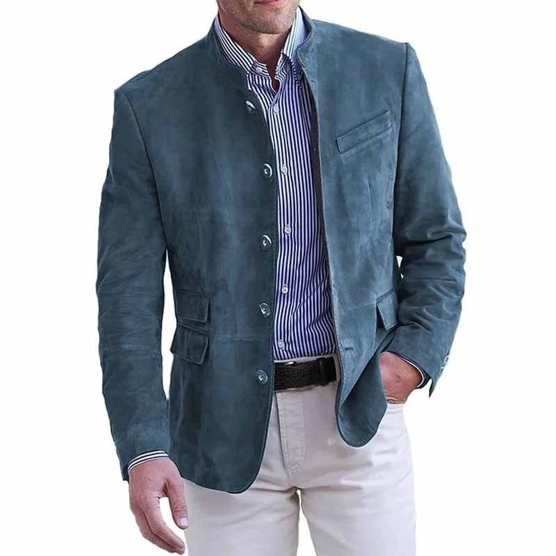 Band Collar Blazer with Five Button Front and Flap Pockets for Men