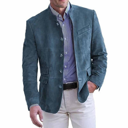Band Collar Blazer with Five Button Front and Flap Pockets for Men