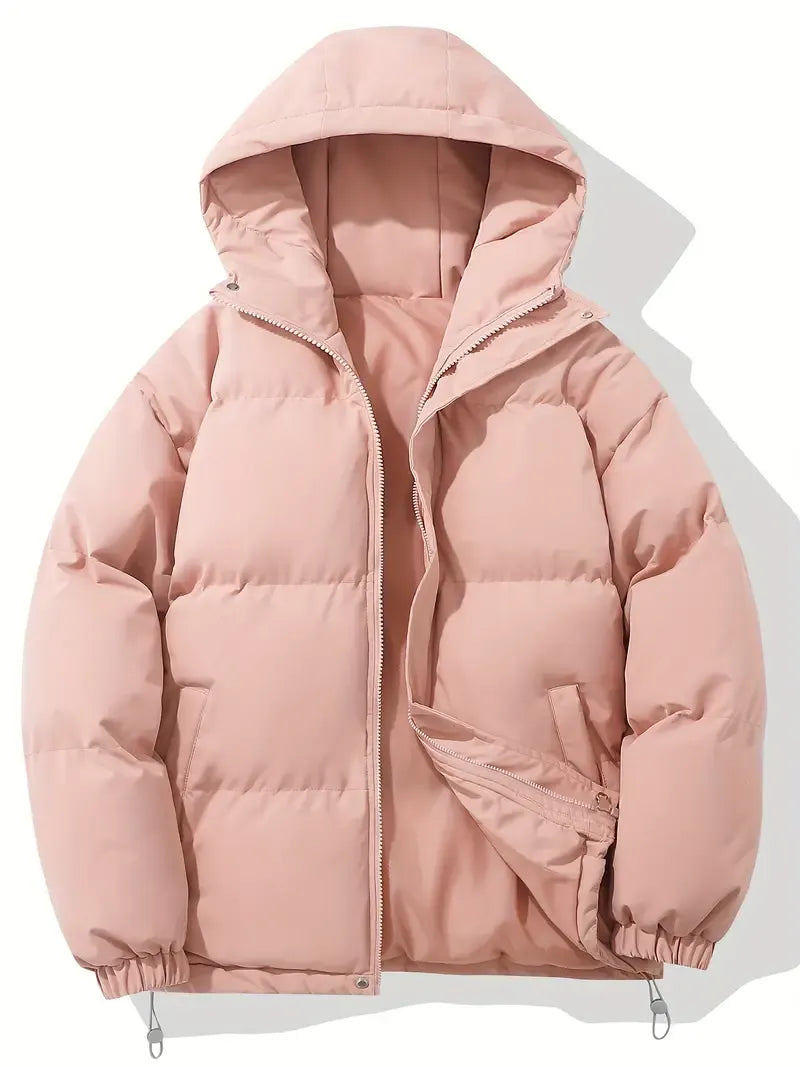 Cropped Hooded Puffer Jacket with Full Zip and Elastic Cuffs for Women