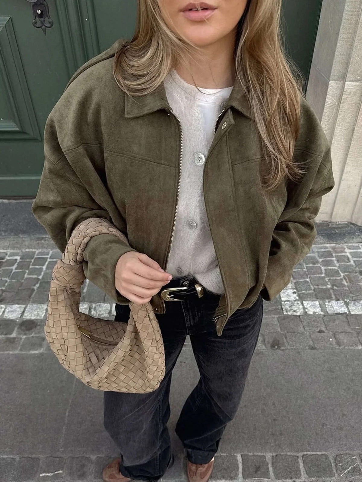 Cropped Bomber Jacket with Pointed Collar and Gathered Hem for Women