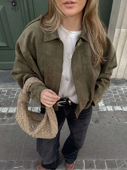 Cropped Bomber Jacket with Pointed Collar and Gathered Hem for Women