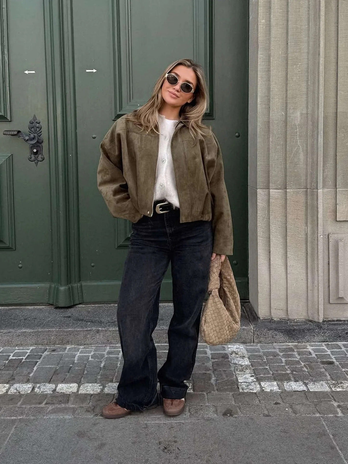 Cropped Bomber Jacket with Pointed Collar and Gathered Hem for Women
