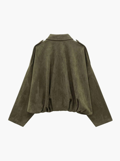 Cropped Bomber Jacket with Pointed Collar and Gathered Hem for Women